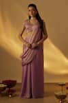 Buy_RAYASHA KHAN_Lavender Silk Zari, Sequins V-neck Pre-draped Saree With Blouse _at_Aza_Fashions
