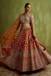 Buy_SUHINO_Orange Silk, Net Mirrors, Embroidery, Zari V-neck Rust Lehenga Set _at_Aza_Fashions