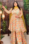 Buy_Amaltas Couture_Orange Georgette Gota Patti, Mirrors, Lace V-neck Printed Peplum Top Sharara Set _at_Aza_Fashions