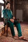 Angad Creations_Emerald Green Cotton Satin Embroidery Naseem Thread Work Jacket Kurta Set _Online_at_Aza_Fashions