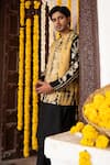 Angad Creations_Black Silk Embroidery, Metallic Arafat Ombre Tilla Work Nehru Jacket And Kurta Set _Online