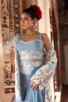Shop_Angad Creations_Sky Blue Crepe, Silk Embroidery Sweetheart Neck, Open Ferozi Jacket Skirt Set _Online_at_Aza_Fashions