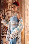 Buy_Angad Creations_Sky Blue Crepe, Silk Embroidery Sweetheart Neck, Open Ferozi Jacket Skirt Set 