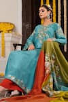 Angad Creations_Teal Crepe, Tissue Embroidery V-neck Shifa Thread And Tilla Work Anarkali Set _at_Aza_Fashions