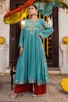 Buy_Angad Creations_Teal Crepe, Tissue Embroidery V-neck Shifa Thread And Tilla Work Anarkali Set 