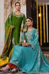 Shop_Angad Creations_Teal Crepe, Tissue Embroidery V-neck Shifa Thread And Tilla Work Anarkali Set 