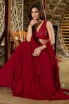 Shop_Damoiselle_Red Georgette, Shantoon Sequins, Ruffles V-neck Laalima Embellished Lehenga Set _Online_at_Aza_Fashions