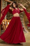 Damoiselle_Red Georgette, Shantoon Sequins, Ruffles V-neck Laalima Embellished Lehenga Set _at_Aza_Fashions