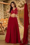 Buy_Damoiselle_Red Georgette, Shantoon Sequins, Ruffles V-neck Laalima Embellished Lehenga Set 