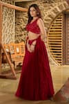 Shop_Damoiselle_Red Georgette, Shantoon Sequins, Ruffles V-neck Laalima Embellished Lehenga Set 