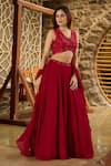 Damoiselle_Red Georgette, Shantoon Sequins, Ruffles V-neck Laalima Embellished Lehenga Set _Online