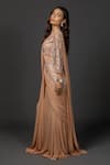Damoiselle_Brown Viscose Georgette, Net, Shantoon Mocha Gleam Pre-draped Saree With Blouse _Online_at_Aza_Fashions