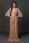 Buy_Damoiselle_Brown Viscose Georgette, Net, Shantoon Mocha Gleam Pre-draped Saree With Blouse _at_Aza_Fashions