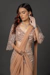 Shop_Damoiselle_Brown Viscose Georgette, Net, Shantoon Mocha Gleam Pre-draped Saree With Blouse _Online_at_Aza_Fashions