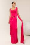 Buy_Libas Cafe by Nidhi & Ashish_Fuchsia Satin Sweetheart Neck Pre-draped Saree With Textured Corset _at_Aza_Fashions