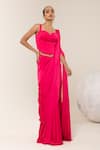 Shop_Libas Cafe by Nidhi & Ashish_Fuchsia Satin Sweetheart Neck Pre-draped Saree With Textured Corset _at_Aza_Fashions
