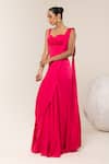 Libas Cafe by Nidhi & Ashish_Fuchsia Satin Sweetheart Neck Pre-draped Saree With Textured Corset _Online_at_Aza_Fashions