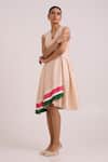 Madder Much_Beige Chanderi Silk V-neck Bambi Almond Striped Cruise Dress _Online_at_Aza_Fashions