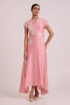 Buy_Madder Much_Pink Chanderi Silk Embroidery, Sequins Split V-neck Lizzy Blush Prism Dress _at_Aza_Fashions