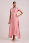 Madder Much_Pink Chanderi Silk Embroidery, Sequins Split V-neck Lizzy Blush Prism Dress _Online_at_Aza_Fashions