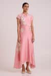 Buy_Madder Much_Pink Chanderi Silk Embroidery, Sequins Split V-neck Lizzy Blush Prism Dress _Online_at_Aza_Fashions