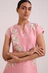 Madder Much_Pink Chanderi Silk Embroidery, Sequins Split V-neck Lizzy Blush Prism Dress _at_Aza_Fashions