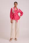 Buy_Madder Much_Pink Chanderi Silk Embroidery, Mirrors Petra Wrap Blazer With Pant _at_Aza_Fashions