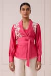 Buy_Madder Much_Pink Chanderi Silk Embroidery, Mirrors Petra Wrap Blazer With Pant 