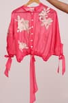 Madder Much_Pink Organza Embroidery, Sequins Mandarin Raspberry Emery Sheer Bomber Jacket _Online_at_Aza_Fashions