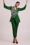 Madder Much_Green Linen, Satin, Rayon Embroidery, Beads, Kenzo Large Flower Blazer With Pant _Online_at_Aza_Fashions