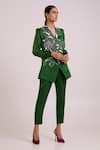 Buy_Madder Much_Green Linen, Satin, Rayon Embroidery, Beads, Kenzo Large Flower Blazer With Pant _Online_at_Aza_Fashions