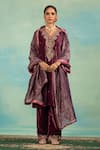 Buy_Swati Wadhwani Couture_Purple Velvet Zari, Pearls, Embroidery V-neck And Kurta Set _at_Aza_Fashions