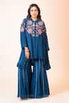 Buy Myra Clothing Line Blue Crepe, Chinon Embroidery Collared, Floral Peplum Top And Flared Pant Set at Aza Fashions Buy_Myra Clothing Line_Blue Crepe, Chinon Embroidery Collared, Floral Peplum Top And Flared Pant Set _at_Aza_Fashions