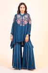 Shop Myra Clothing Line Blue Crepe, Chinon Embroidery Collared, Floral Peplum Top And Flared Pant Set at Aza Fashions Shop_Myra Clothing Line_Blue Crepe, Chinon Embroidery Collared, Floral Peplum Top And Flared Pant Set _at_Aza_Fashions
