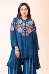 Myra Clothing Line Blue Crepe, Chinon Embroidery Collared, Floral Peplum Top And Flared Pant Set Online at Aza Fashions Myra Clothing Line_Blue Crepe, Chinon Embroidery Collared, Floral Peplum Top And Flared Pant Set _Online_at_Aza_Fashions