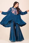 Buy Myra Clothing Line Blue Crepe, Chinon Embroidery Collared, Floral Peplum Top And Flared Pant Set Online at Aza Fashions Buy_Myra Clothing Line_Blue Crepe, Chinon Embroidery Collared, Floral Peplum Top And Flared Pant Set _Online_at_Aza_Fashions