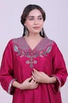 Myra Clothing Line_Magenta Silk Embroidery, Sequins V-neck Asymmetric Kurta And Dhoti Pant Set _Online_at_Aza_Fashions