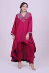 Shop_Myra Clothing Line_Magenta Silk Embroidery, Sequins V-neck Asymmetric Kurta And Dhoti Pant Set _at_Aza_Fashions