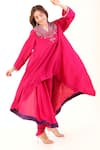 Myra Clothing Line_Magenta Silk Embroidery, Sequins V-neck Asymmetric Kurta And Dhoti Pant Set _at_Aza_Fashions