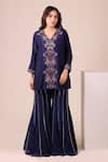 Shop Myra Clothing Line Blue Chinon, Silk Embroidery, Metallic Thread V-neck Kurta And Sharara Set at Aza Fashions Shop_Myra Clothing Line_Blue Chinon, Silk Embroidery, Metallic Thread V-neck Kurta And Sharara Set _at_Aza_Fashions