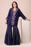 Buy Myra Clothing Line Blue Chinon, Silk Embroidery, Metallic Thread V-neck Kurta And Sharara Set at Aza Fashions Buy_Myra Clothing Line_Blue Chinon, Silk Embroidery, Metallic Thread V-neck Kurta And Sharara Set _at_Aza_Fashions