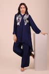 Buy_Myra Clothing Line_Navy Crepe Sequins Mandarin Collar, Button-down Abstract Pattern Top And Pant Set _at_Aza_Fashions