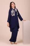 Shop_Myra Clothing Line_Navy Crepe Sequins Mandarin Collar, Button-down Abstract Pattern Top And Pant Set _at_Aza_Fashions