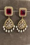 Shop Prestones Red Crystals, Pearls, Stones Ruby Kundan Zirconia Drop Earrings at Aza Fashions Shop_Prestones_Red Crystals, Pearls, Stones Ruby Kundan Zirconia Drop Earrings _at_Aza_Fashions