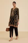 Shop_Ritu Kumar_Black Viscose Embroidery Split V-neck Floral And Aari Kurta _Online_at_Aza_Fashions