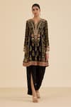 Buy_Ritu Kumar_Black Viscose Embroidery Split V-neck Floral And Aari Kurta _at_Aza_Fashions