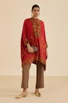 Ritu Kumar_Red Silk Embroidery, Sequins Mandarin Collar Floral Print Kaftan _Online_at_Aza_Fashions