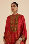 Ritu Kumar_Red Silk Embroidery, Sequins Mandarin Collar Floral Print Kaftan _at_Aza_Fashions