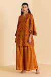 Shop_Ritu Kumar_Yellow Silk V-neck Floral Print Kurta And Palazzo Set _Online_at_Aza_Fashions