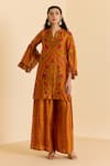 Ritu Kumar_Yellow Silk V-neck Floral Print Kurta And Palazzo Set _at_Aza_Fashions